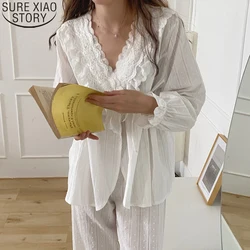 2021 Spring Elegant Korean Pajamas Women White Pajama Pure Cotton Sweet V-neck Palace Style Lace Pajamas Sets Home Clothes 13817