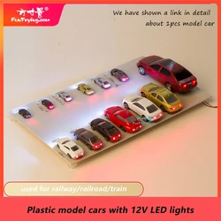 Carros modelo de plástico com luzes LED, 1:87 Ho Scale, Railway, Railway, Trem, Construção, Cenário Layout Set, HO, N, 12V, 5Pcs