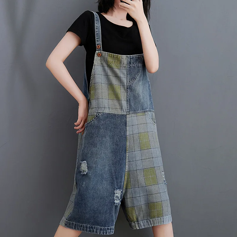 Spodenki kombinezony damskie 2021 moda letnia luźne duże rozmiary Patchwork Plaid denimowe fartuchy damskie z dziurami, dżinsowe kombinezony