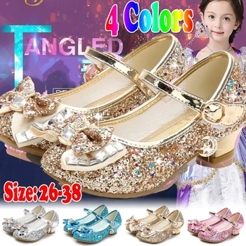 Chaussures en cuir à talons hauts pour filles, chaussures de princesse pour enfants, fleur, paillettes décontractées, nœud papillon, bleu, rose, argent