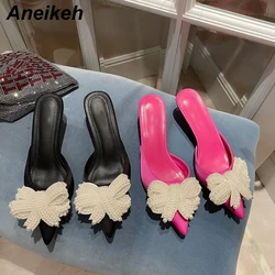 Aneikeh Summer Fashion Women's Thin Heels Outside String Bead Basic Polka Dot Microfiber Butterfly-Kno Shallow  Black Size 35-40