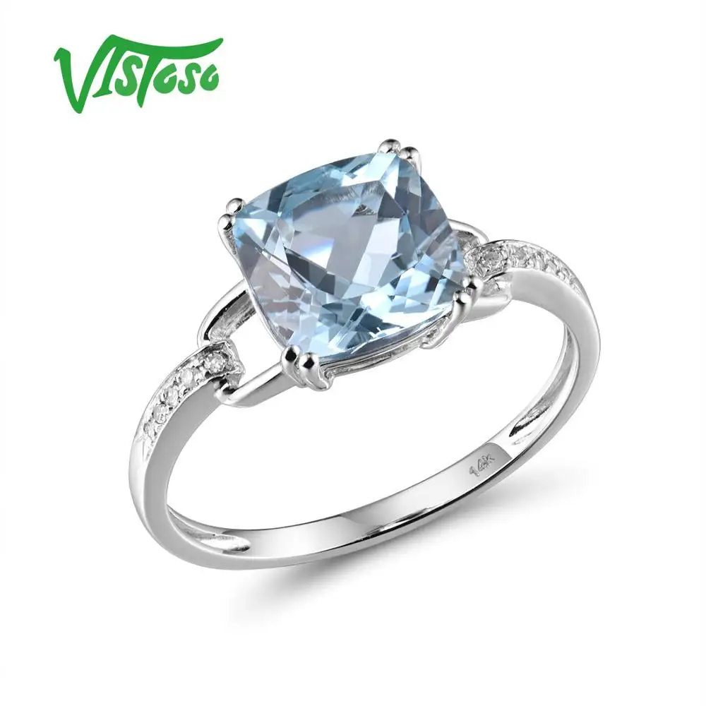 Catch-Pure14K 585 Emas Putih/Mawar Emas Cincin untuk Wanita Berlian Berkilau Jernih Langit Biru Topaz Ulang Tahun Klasik Baik perhiasan