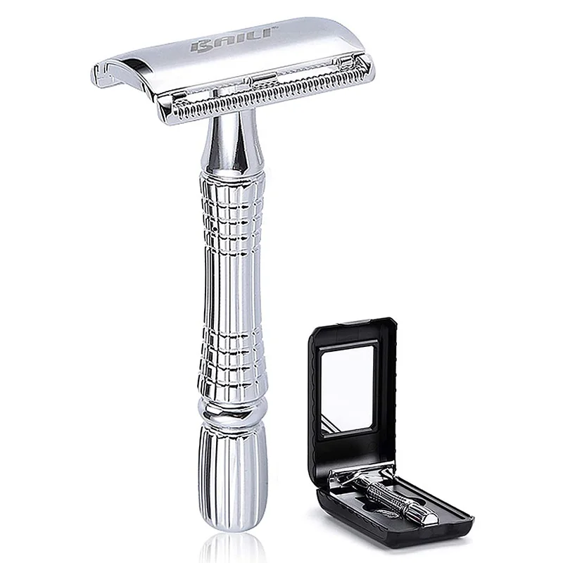 Double Edge Safety Razor Wet Shaving for Men Women with Platinum Blade and Mirrored Travel Case