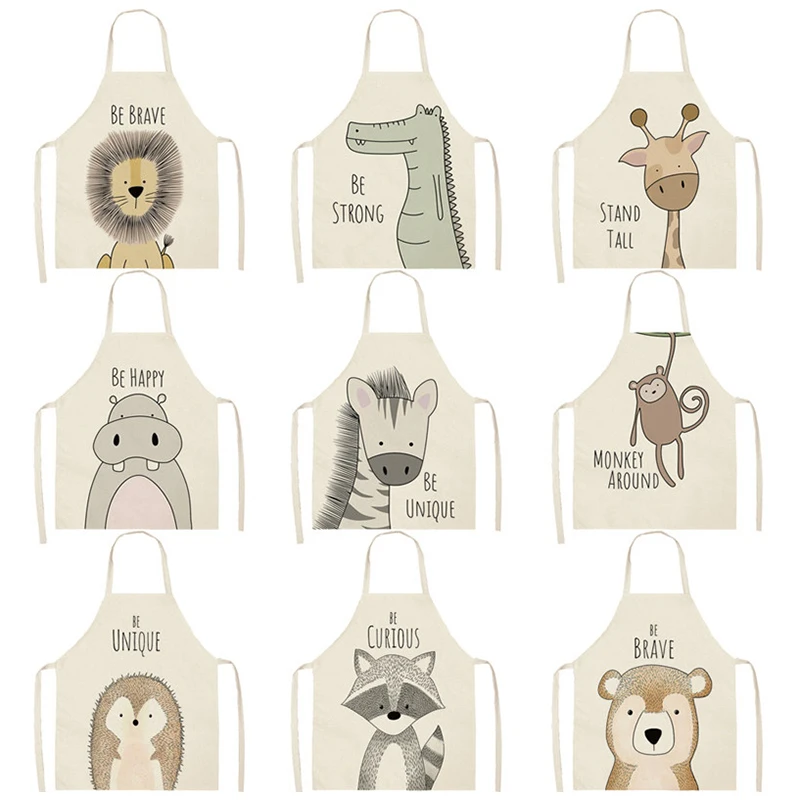 Best Selling New Kitchen Cooking Oil-proof Apron Animal Print Cotton Linen Apron Lion Elk Fox Female Cafe Antifouling Apron