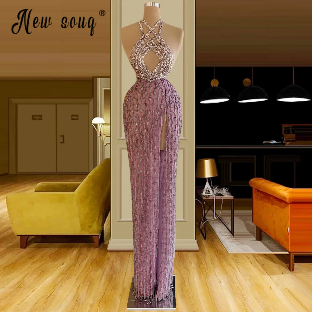 Dubai Sexy Mermaid Evening Dresses with Split Side 2021 Beads Halter Arabic Long Formal Evening Gowns Robe femme soiree