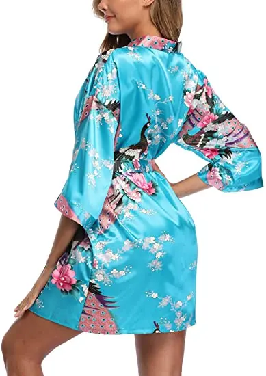 Satin Silk Women Wedding Bridemaid Robe Sexy Crane Print Bathrobe Short Long Kimono Night Gown Robe Fashion Dressing Gown Female