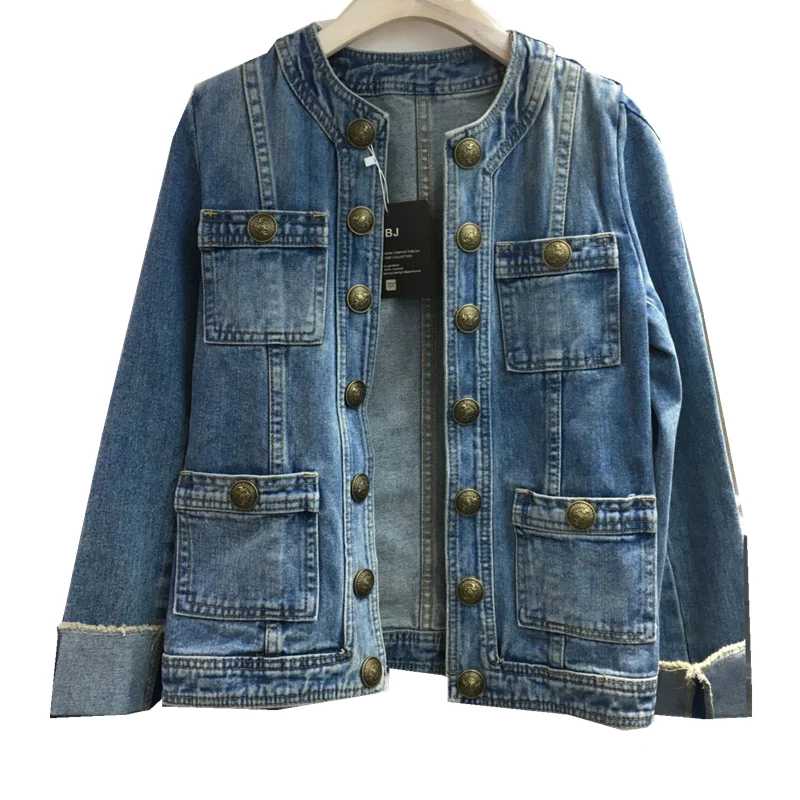 2023 Autumn New Women Jacket Metal Button Curling Long Sleeve O Neck Denim Jacket Multi-Pockets Decoration Retro Coats Female