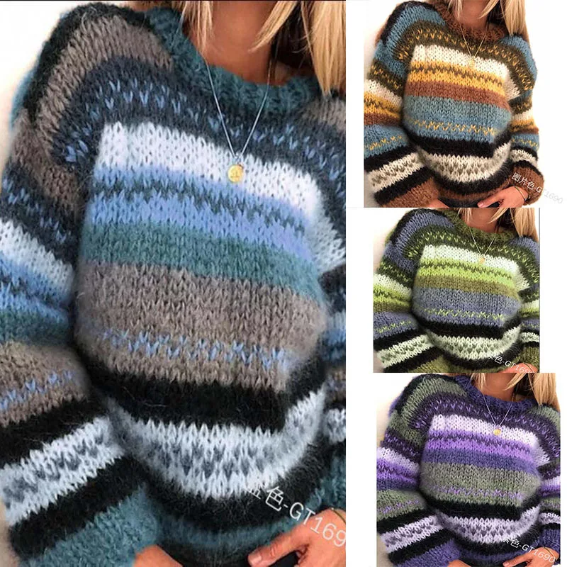 Korean Style Rainbow Sweater Loose Stripe Pullover Knitted Runway Jumpers Women\'s Sweaters Multicolor Loose Women\'s Clothes