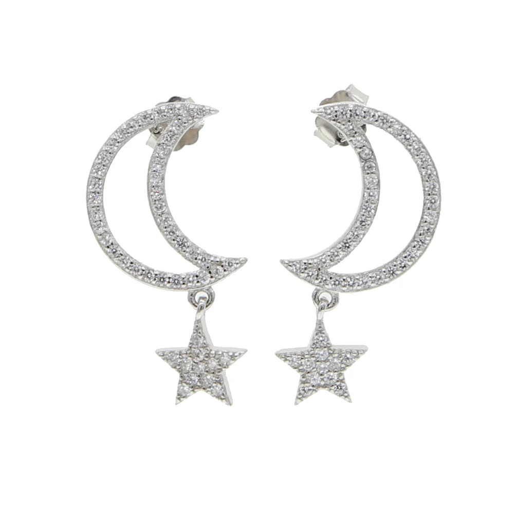 100% 925 prata esterlina brincos cheios cz pave boho estrela lua pingente brincos de cristal para mulheres menina vintage punk jóias de metal