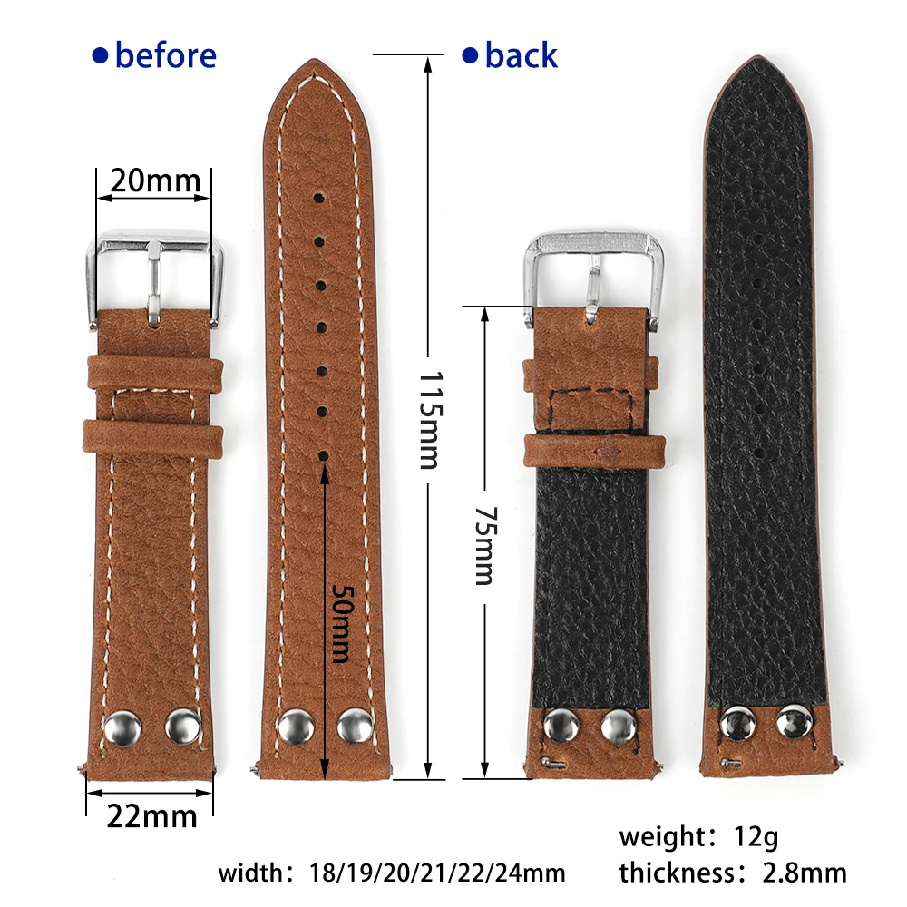 Lychee Pattern Watch Band 18mm 19mm 20mm 21mm 22mm 24mm Rivets Watchband for Men Women Watch Strap Replacement Belt Bracelet