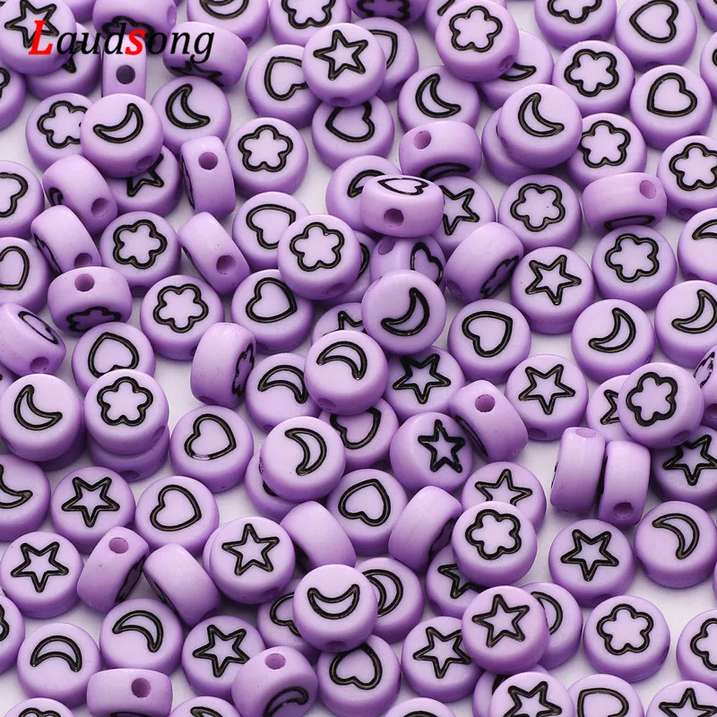 Cuentas acrílicas espaciadoras redondas de 4x7mm, mezcla de flores moradas, estrellas, Luna y corazón, para hacer joyería Diy, suministros de pulseras hechas a mano