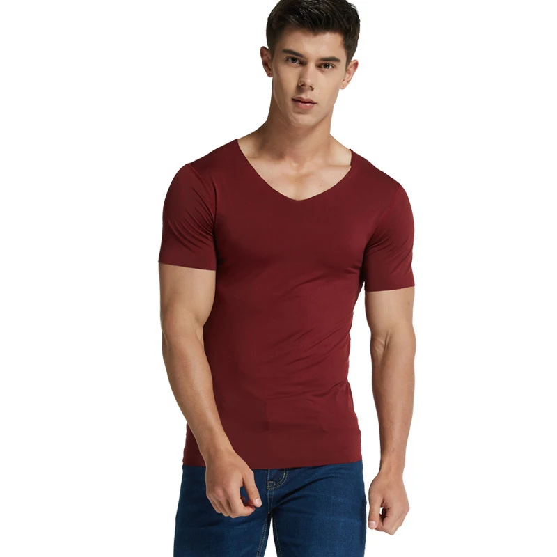 Plus Size Mens V-Neck Undershirts Man Ice Silk Seamless Short Sleeves Basic Shirts Summer Sexy Fitness Body Building Underwear