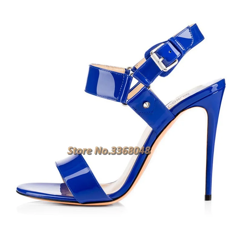 Stiletto Heels Summer Sandals Round Toe Ankle Buckle Open Toe Patent Leather Candy Color Women Shoes High Heels Sandals