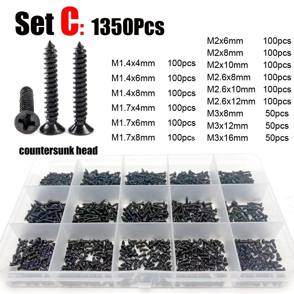 1000/2010x M1 M1.2 M1.4 M1.7 M2 M3 M4 Black Mini Micro Phillips Flat Countersunk Head Self Tapping Wood Screw Set Assortment Kit