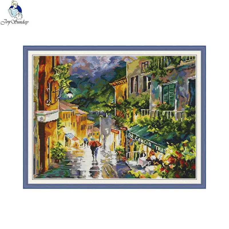 Street View in the Rain Joy Sunday Cross Stitch Kit 11CT 14CT Canvas Printed Fabric Needlework Embroidery Kit Home Decor Gifts