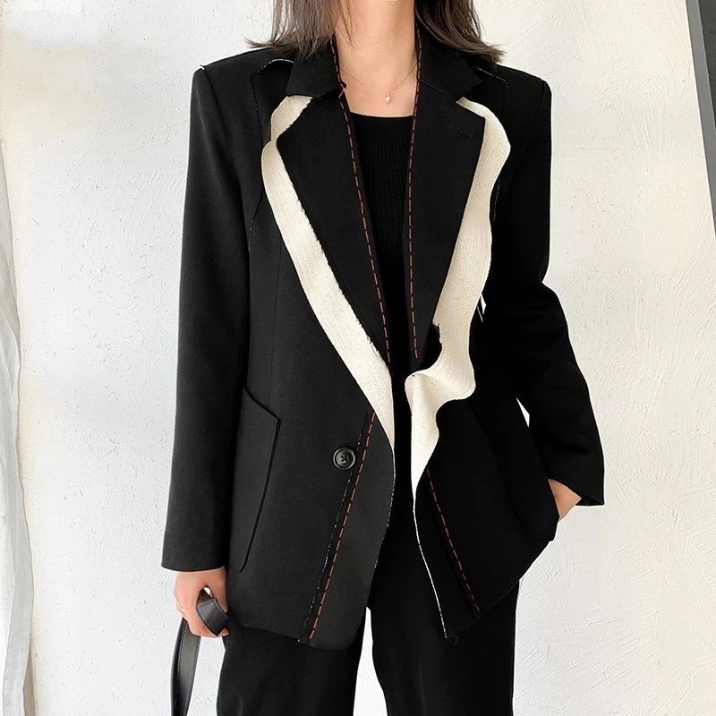 New Fashion Patchwork Hit Color Temperament Suit Outerwear Women Lapel Long Sleeve Loose Blazers Office Coat