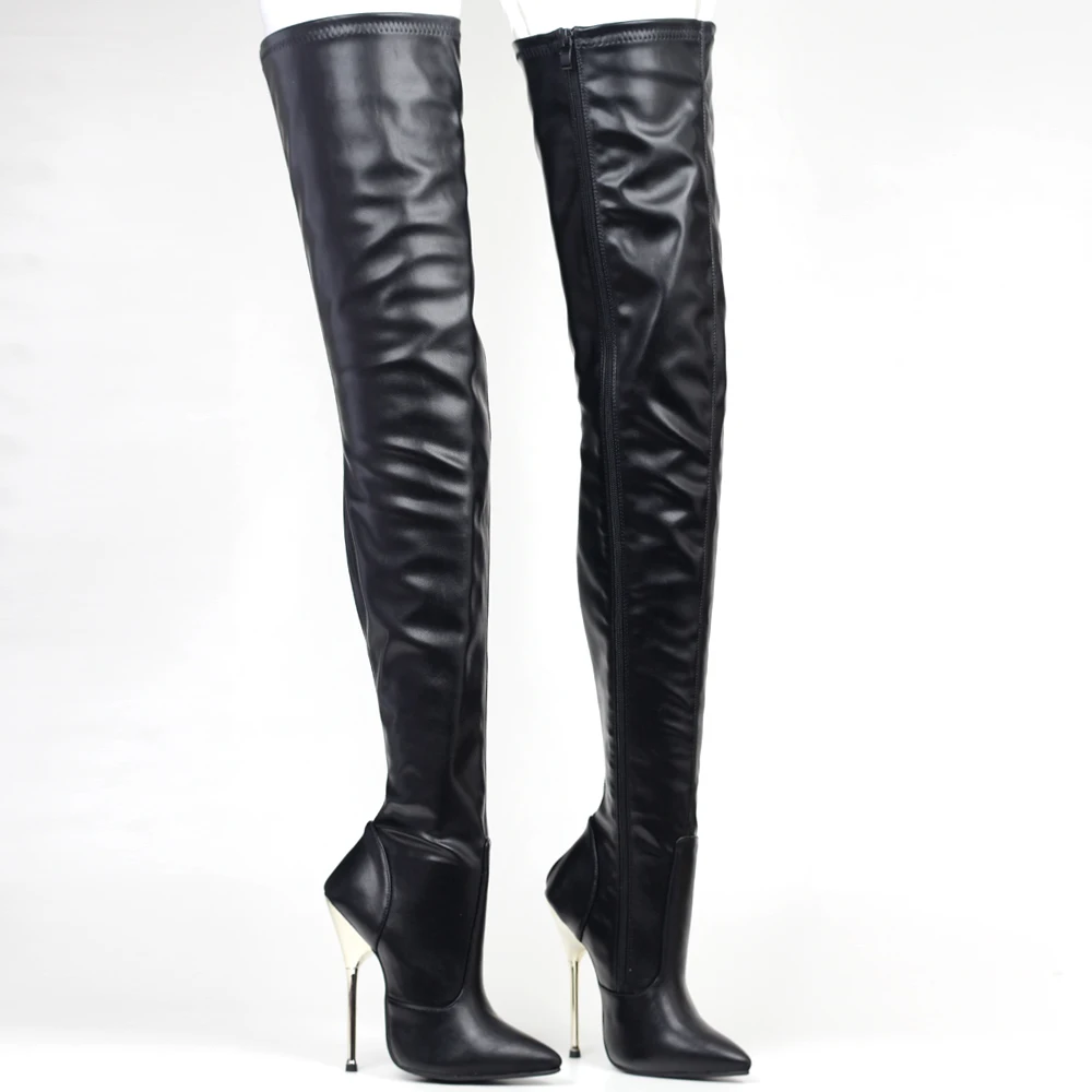 Women 14CM Super High Heel Pointed toe Zip Black Patent Leather Sexy Fetish Over-the-Knee Crotch Long Boots Fast Shipping