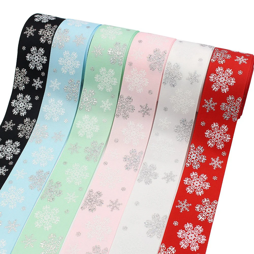 1-1/2 \'\'(38mm) 10Yards Laser argento inchiostro fiocco di neve cartone animato stampato nastro del Grosgrain copricapo fai da te confezione regalo