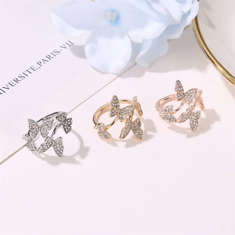 Woozu Four Butterfly Open Women Rings Fashion Three Colors Crystal Zircon Wings Ring For Women Trendy Jewelry Rings