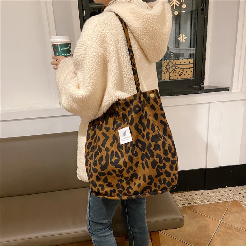 Women Corduroy Shoulder Bags Canvas Lining Leopard Design Eco
