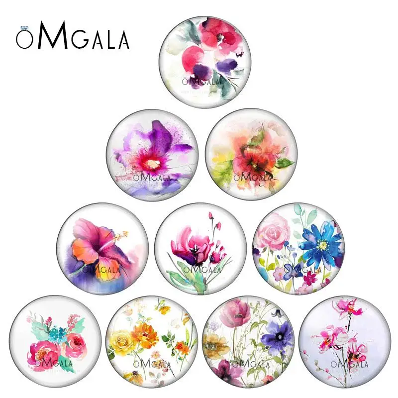 

Watercolor Flowers Art Paintings 10pcs mixed 12mm/18mm/20mm/25mm/30mm Round photo glass cabochon demo flat back Making findings