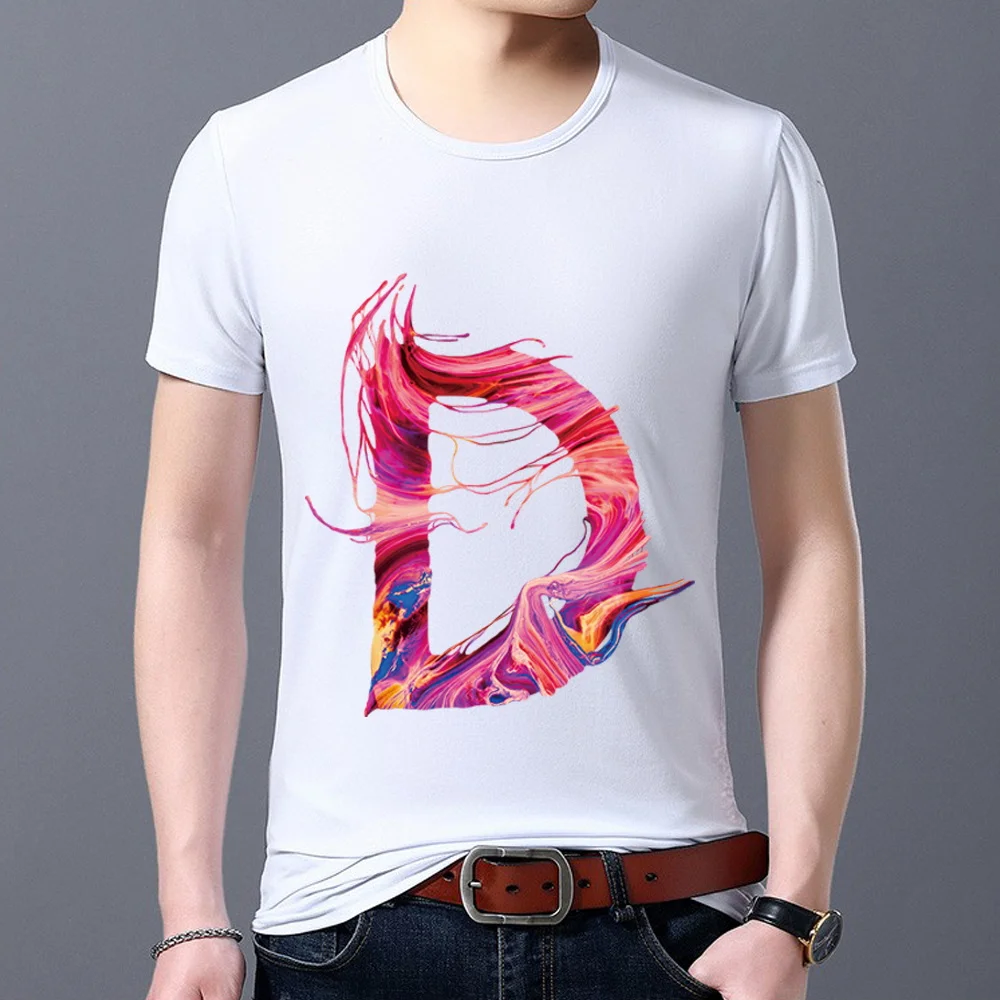 Trendy Men's Casual Slim Simple T-shirt Printing 26 English Alphabet Series D Pattern Printing Paint O-Neck Comfortable Soft Top