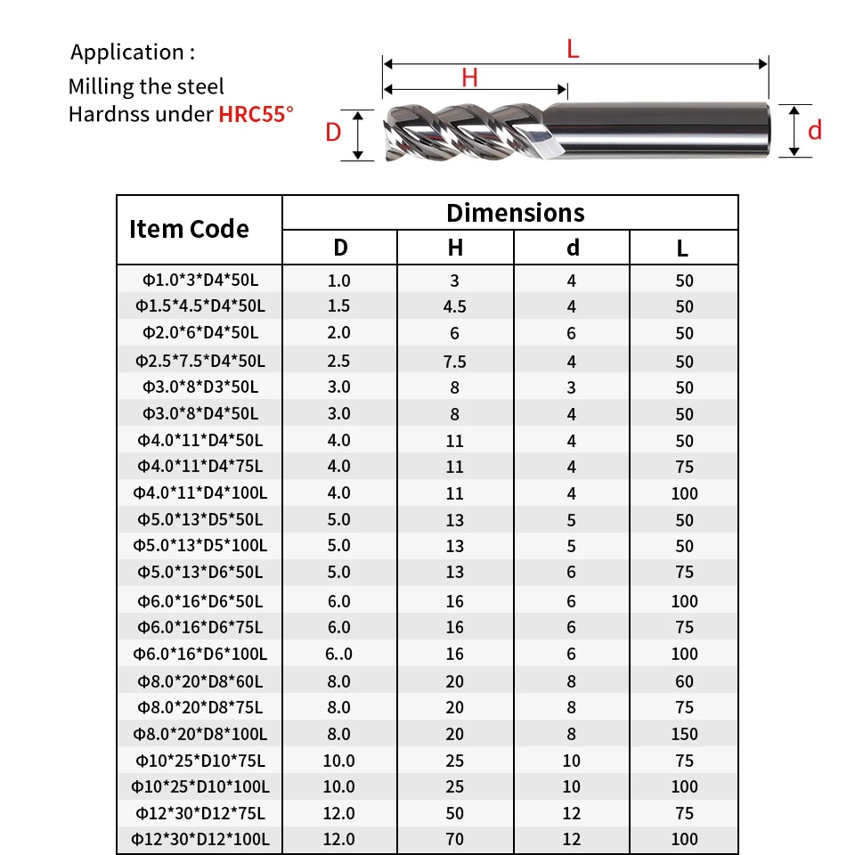 VACK HRC55 Aluminum Milling Cutter Alloy Coating End Mill Tungsten Steel Milling Tools Router Bit For Cnc Maching Endmills 4/6/8