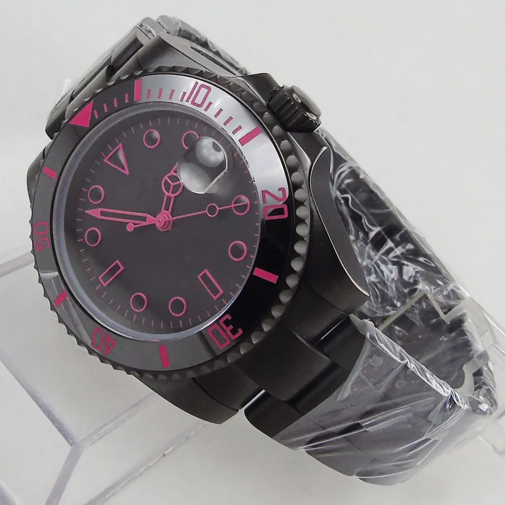 

40MM Black Sterile Dial Sapphire Glass PVD Coated Ceramic Bezel Pink Number Date MIYOTA 8215 Movement Automatic Mens Watch