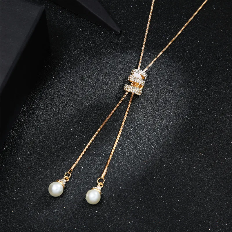 2023 New Autumn Winter Fashion Metal Long Tassel Rhinestone Crystal Pearl Long Chain Necklace Sweater Party Necklace Jewelry