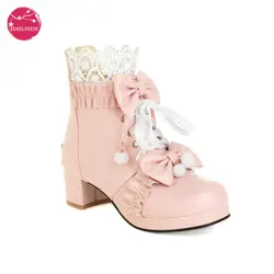 Różowy biały czarny Chunky Heel Lolita buty motyl-węzeł Hollow koronki kobiet Cosplay księżniczka sąd rocznika zimowe botki