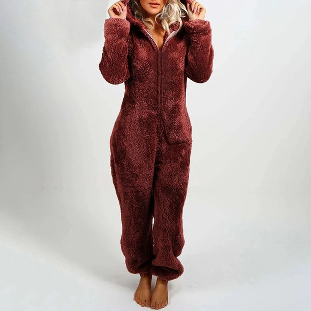 2021 Brand New Women's Plush Romper Pajamas Long-Sleeve Zipper High Neck Hat Keep Winter Warm Girl’s Clothes Sleepwear