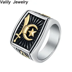 Valily Jewelry Mens Ring Gold Star Moon Sword Islam Ring for Men Stainless Steel Fashion Finger Band Ring Arab Allah Crescent