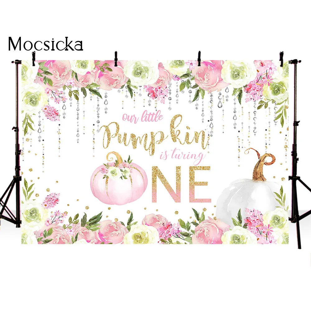 Pumpkin Baby Shower Backdrop Watermelon Pink Flowers 1st Birthday Photo Background Rustic Wood Girls Baby Shower Party Decor