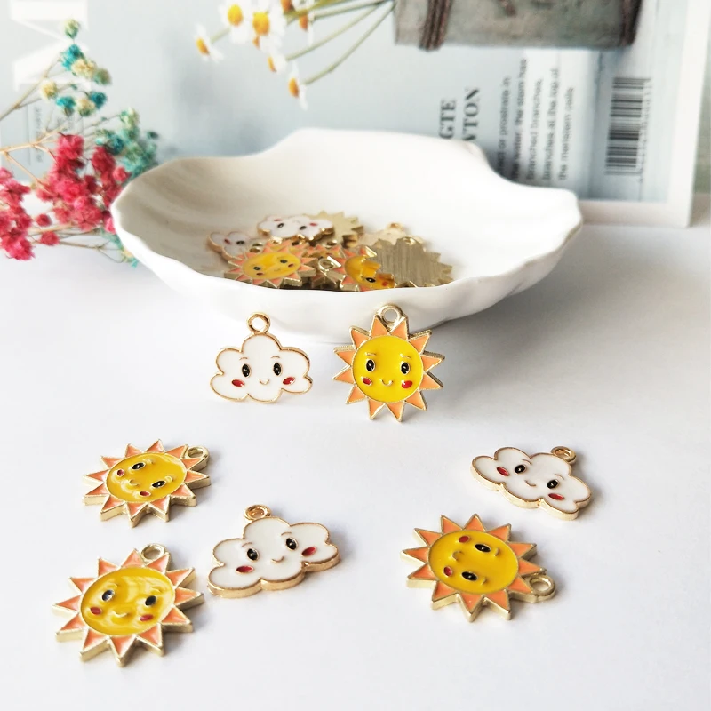 10pcs Smiling Face Sun Clouds Zinc Alloy Enamel Charms Golden Color Drop Oil Pendants for DIY Earring Bracelet Jewelry Accessory