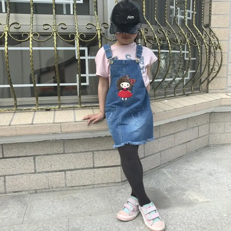 2020 New Girls\' Denim Strap Baby Dress Cotton Toddler Girls Spring Summer Autumn Sleeveless Pocket Front Short Dress 2-10Y