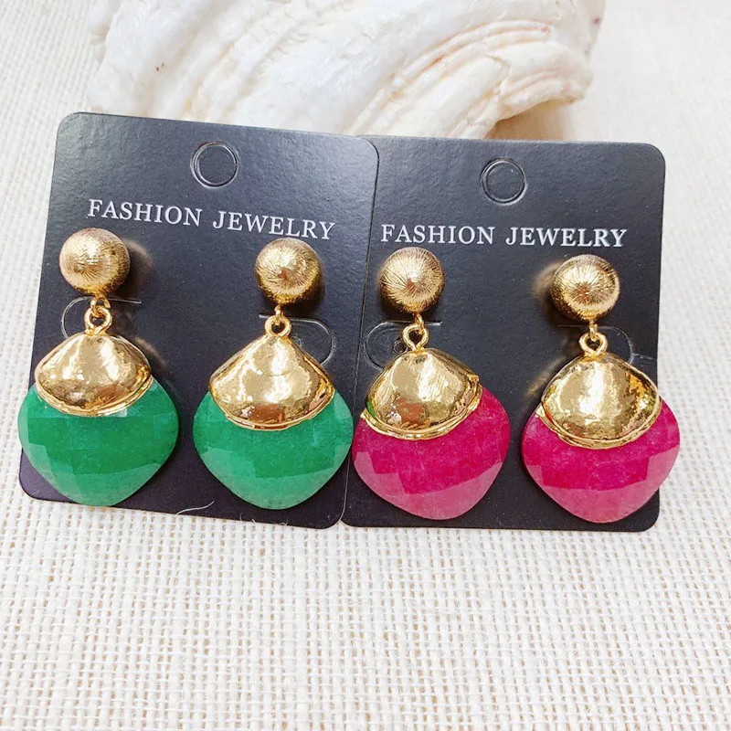 New Design Woman Earring 24K Gold Dyed Jade Geometric Earrings 2020 Fashion Earring For Lady Red Green 3pairs