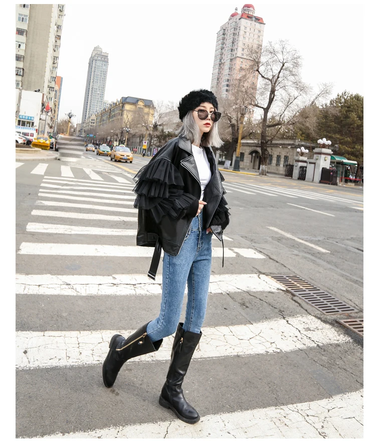 Lautaro Autumn Short Black Oversized Lace Patchwork Leather Biker Jacket Long Sleeve Loose Womans Clothing Fashionable Outerwear