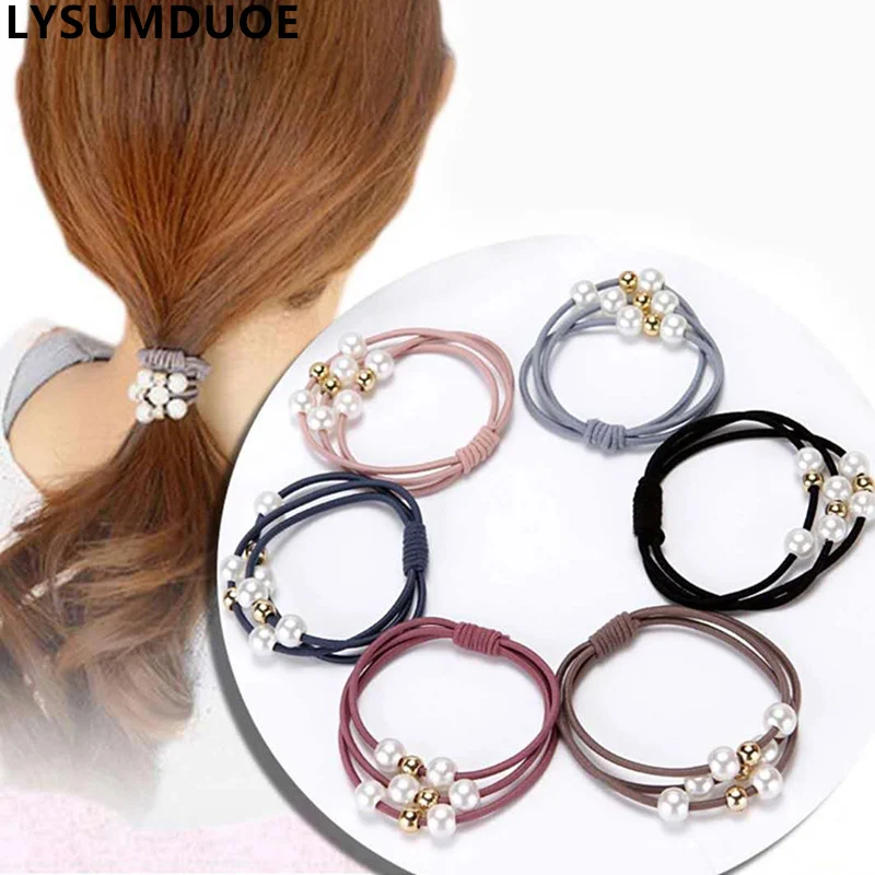 20Pcs/Lot Women Hair Accessories Pearl Elastic Hair Bands Flower Headdress 3in1 Rubber Band Cute Scrunchies Hair Bands For Girls