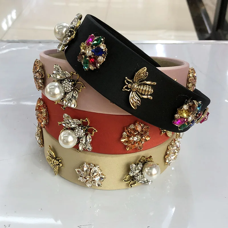 Baroque Big Rhinestone Headband Hairband for Women Girls Metal Bee Beads Flower Head Hair Accessories