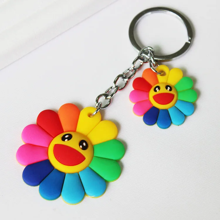 Silicone Rainbow Sun Flower Keychain Female Cute Girls Cartoon Smiling Flower Key Chain On Bag Trinket Women Wedding Party Gift