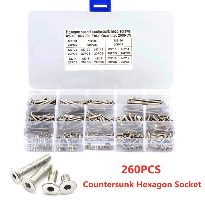 260pcs M3 Hex Hexagon Socket Countersunk Head Screw Kit Stainless Steel 304 DIN7991 Flat Head Bolt Screw Combination Set