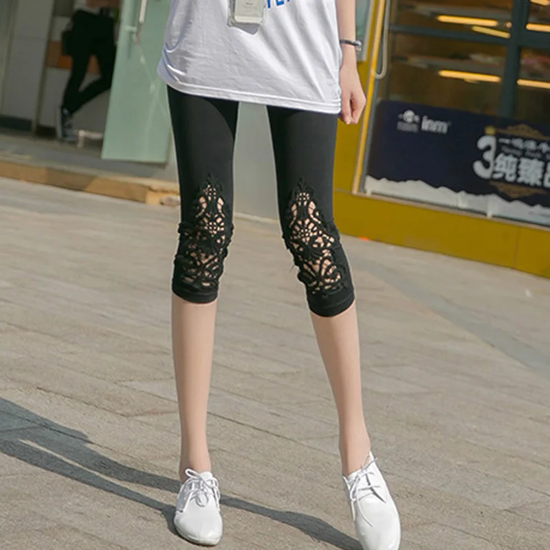 LJCUIYAO Nữ Mùa Hè Quần Rỗng Ren Co Giãn Quần Legging Thể Thao Skinny Giữa Bắp Chân Cotton Khâu Viền Trắng Đen Hồng Đáy