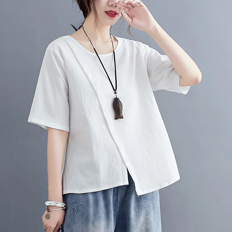 Blusa de lino y algodón con dobladillo Irregular en la parte delantera con botones, Top de verano de manga corta, blusa informal holgada de talla grande en negro, blanco y caqui