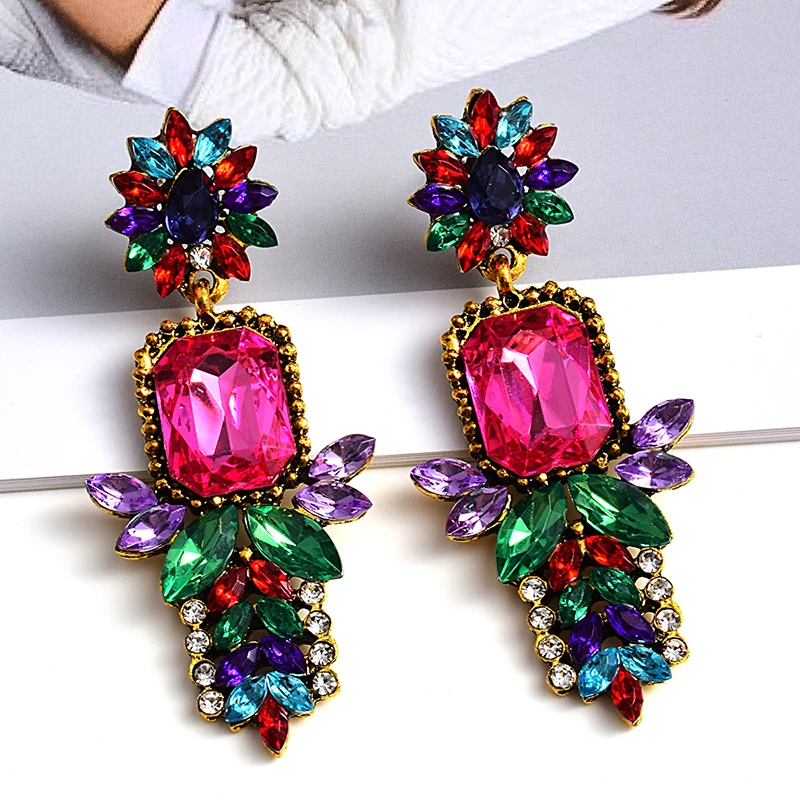 New Design High-Quality Metal Colorful Crystal Long Drop Earrings Fashion Rhinestones Jewelry Accessories For Women Wholesale