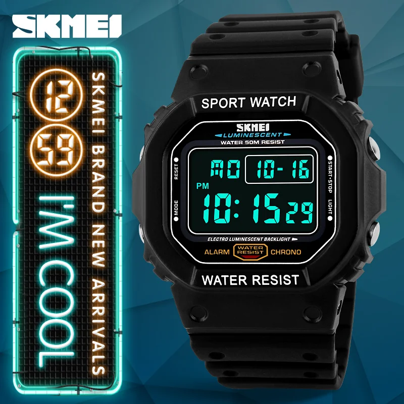 SKMEI Watch Men Square Sport Digital Watches Electronic LED Black Waterproof Wristwatch PU Strap Male Clock Relogio Masculino