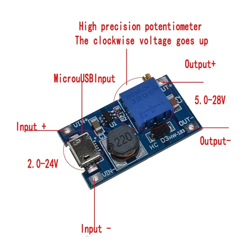 MT3608 2A DC-DC Step Up Converter Booster Power Supply Module MAX output 2V-24V to 5V 9V 12V 28V for arduino