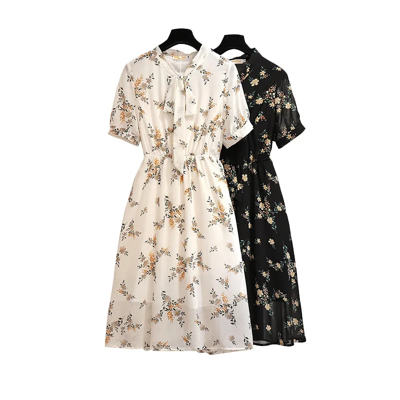 New summer plus size dress for women short sleeve loose casual floral print flower black white chiffon dress 3XL 4XL 5XL 6XL 7XL