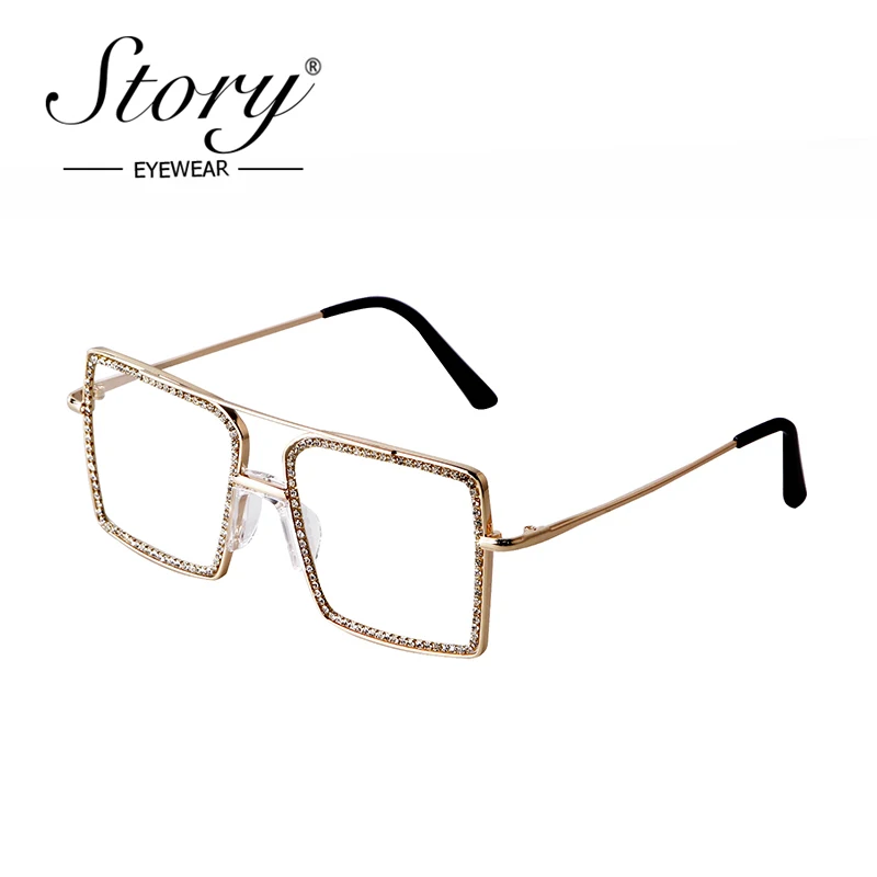 STORY Oversized Square Anti-blue Light Glasses with Rhinestone Retro Diamond Computer Eyeglasses Crystal Clear Eyewear PS2036U