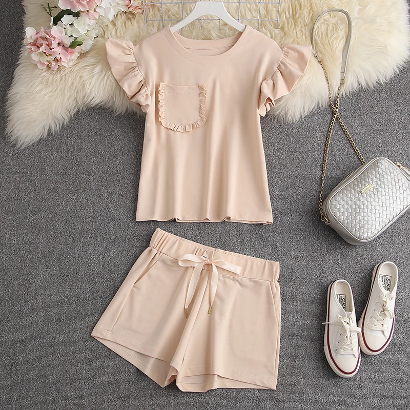 ALPHALMODA 2020 Summer Ruffled Sleeve Pleated Pocket Women  Cute 2pcs Tshirt Shorts Suit Solid Color Sweet Girls Lounge Wear Set