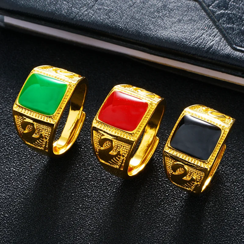 OMHXFC Wholesale European Fashion Male Party Birthday Wedding Gift Green Red Square Oil Drip Resizable 18KT Real Gold Ring RI91